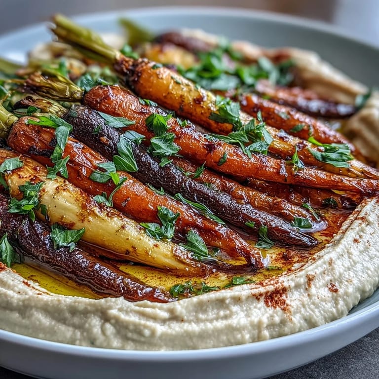 Colorful roasted rainbow carrots artfully arranged with smooth, tahini-spiked hummus dip.