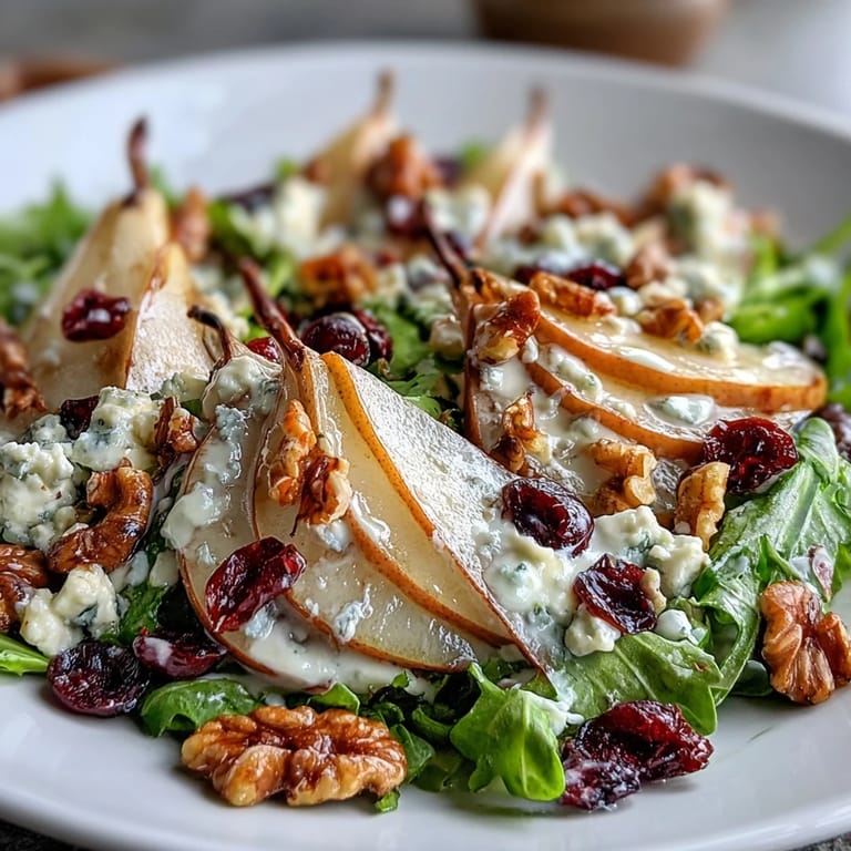Refreshing Pear Gorgonzola Salad, a perfect elegant starter with crisp greens.