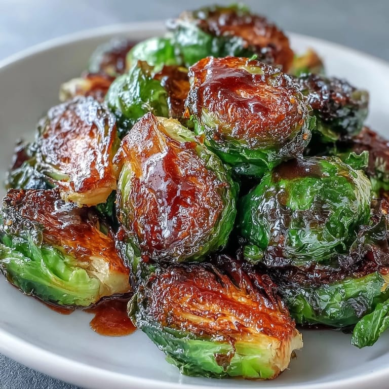 A close-up of caramelized roasted Brussels sprouts, drizzled with tangy balsamic reduction, ready to serve as a healthy vegetarian treat.  
