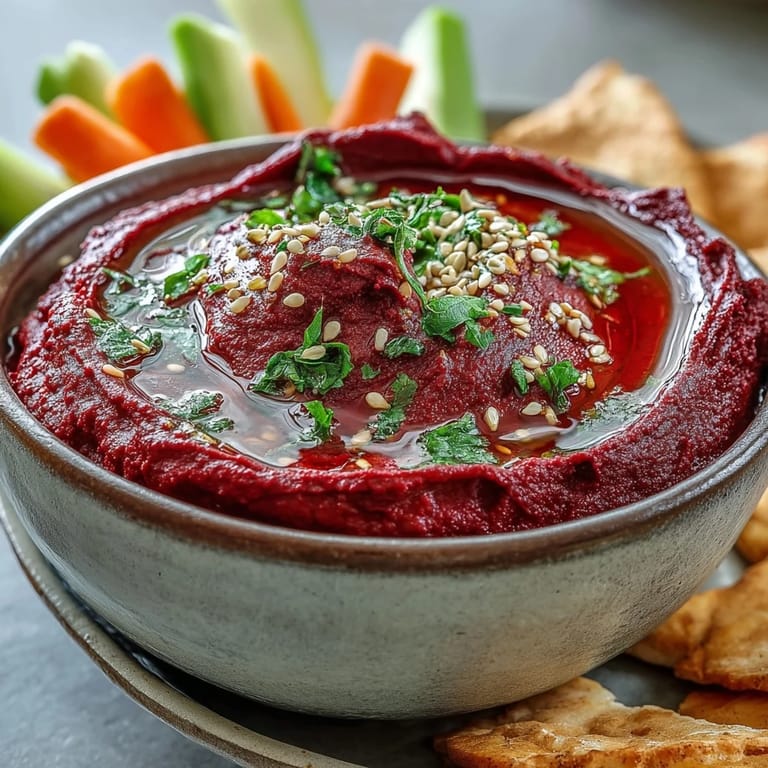 Creamy Roasted Beet Hummus in a rustic bowl, garnished with fresh parsley and served with warm pita triangles.