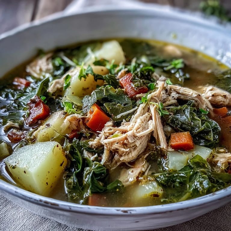 Hearty bowl of Collard Greens, Chicken and Vegetable Soup garnished with fresh herbs, ready to serve on a cozy kitchen table.