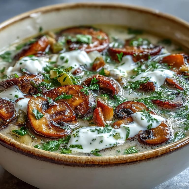 Steam rising from a bowl of Creamy Mushroom Stroganoff Soup, featuring golden sautéed mushrooms and a rich, velvety broth.