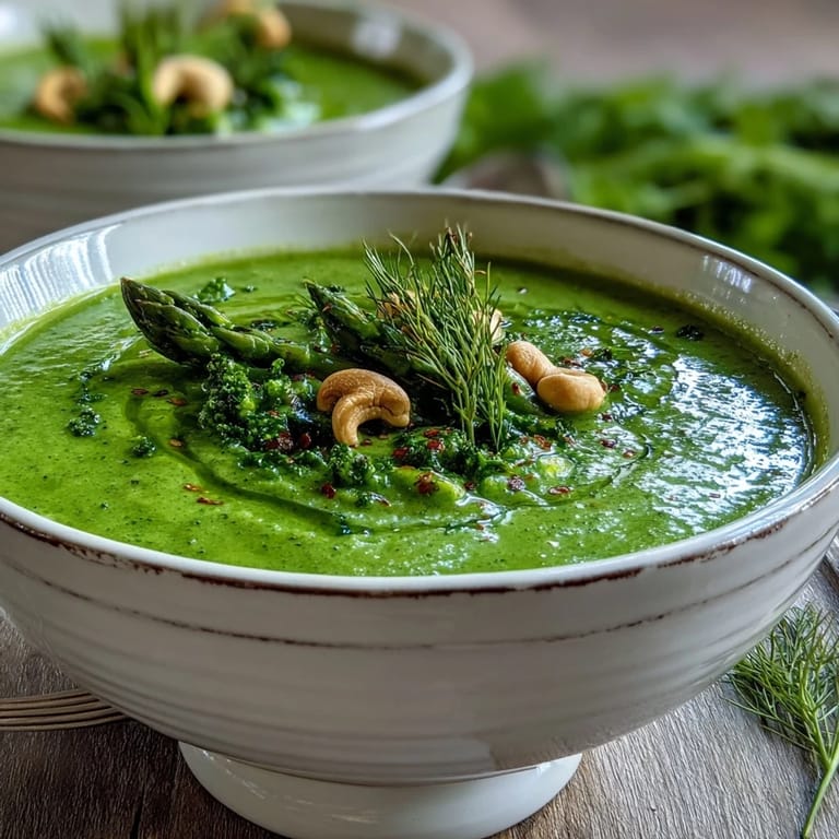 Healthy bowl of Big Green Immunity-Boosting Vegetable Soup topped with olive oil and fresh broccoli florets.