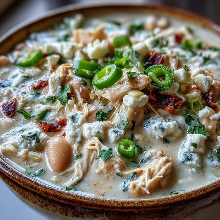 Close-up of White Chicken Chili revealing tender chicken, creamy beans, and a golden, slightly spicy broth.