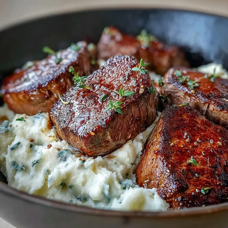 Golden-brown venison steaks plated over buttery, aromatic swede mash, garnished with fresh thyme and a drizzle of optional red wine sauce.