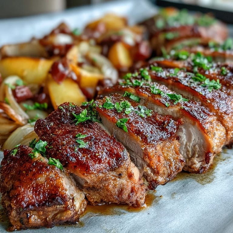 Fragrant garlic, fresh ginger, and warm spices perfume the oven-roasted Pork and Aromatic Rhubarb Traybake for a comforting dinner.