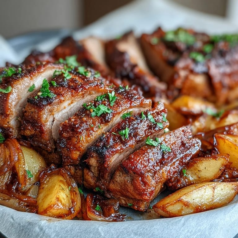 Plated Pork and Aromatic Rhubarb Traybake garnished with fresh parsley, ready to serve alongside a crisp green salad or couscous.