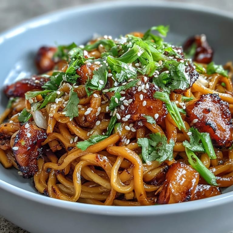 Savory Gochujang Swede Noodles served with julienned carrots and spring onions, highlighting a vibrant, spicy-sweet fusion dish.