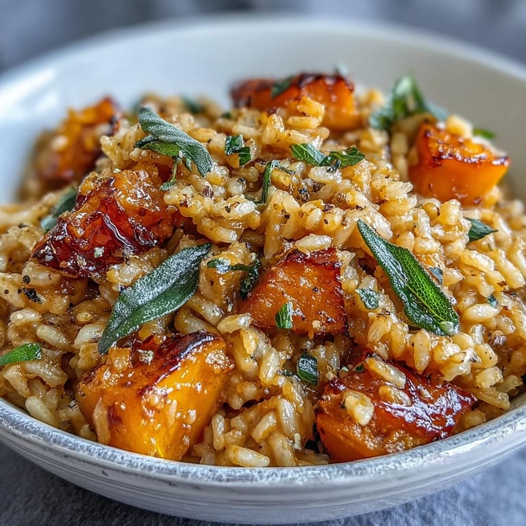 Golden Vegan Pumpkin Risotto with tender pumpkin chunks and aromatic sage garnish on a wooden table, perfect for fall.