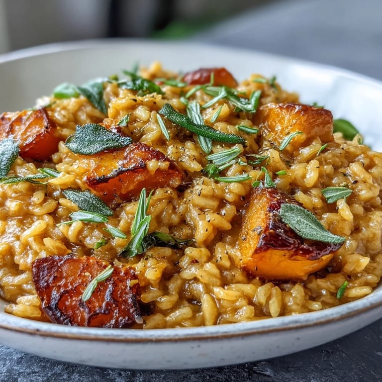 Cozy bowl of Vegan Pumpkin Risotto with a drizzle of olive oil and fresh sage, ideal for a vegan dinner.
