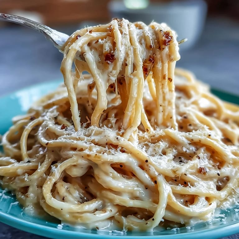Steaming Cacio e Pepe pasta is plated in a shallow bowl with extra grated cheese and cracked pepper on top.