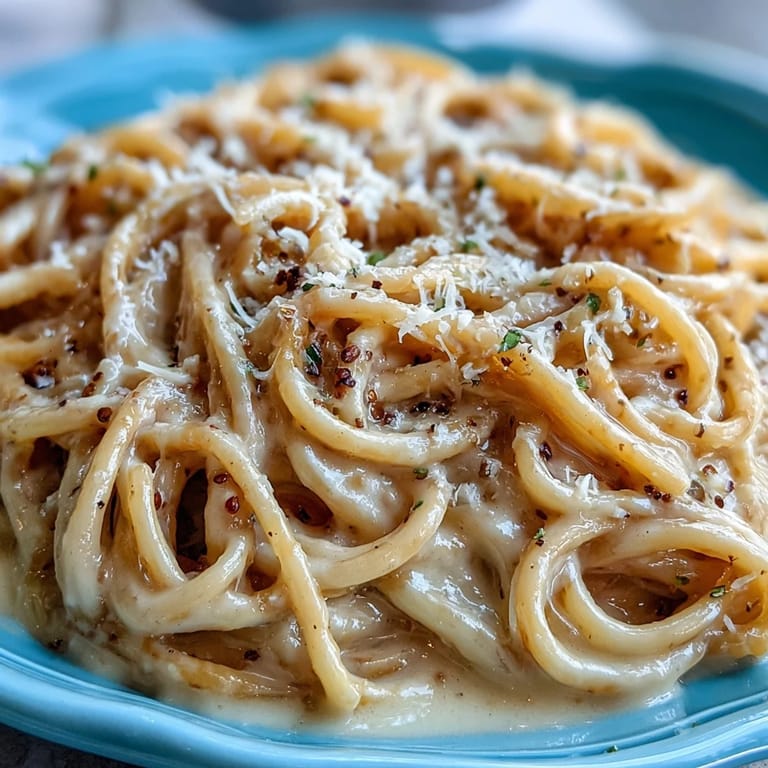 A close-up of Cacio e Pepe shows creamy, emulsified sauce clinging to each strand of spaghetti with a garnish of pepper.
