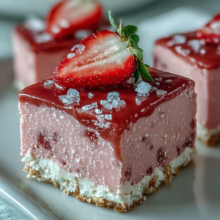 Enjoy No-Bake Strawberry Fudge Squares with a crunchy graham crust and creamy strawberry white chocolate topping.
