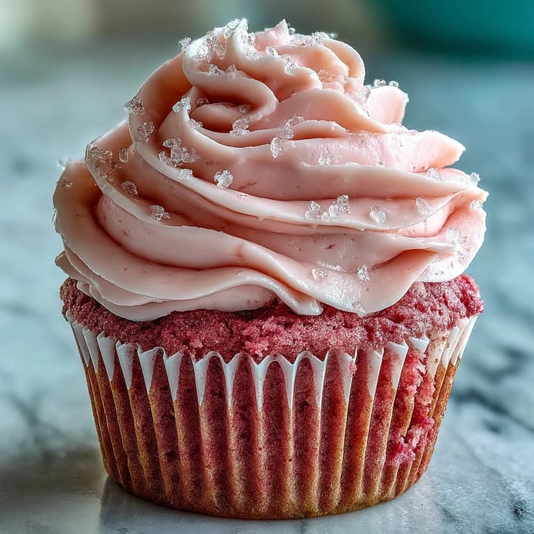 Close-up of a Pink Velvet Cupcake with Vanilla Buttercream Frosting, revealing tender pink crumb and a sweet bite.