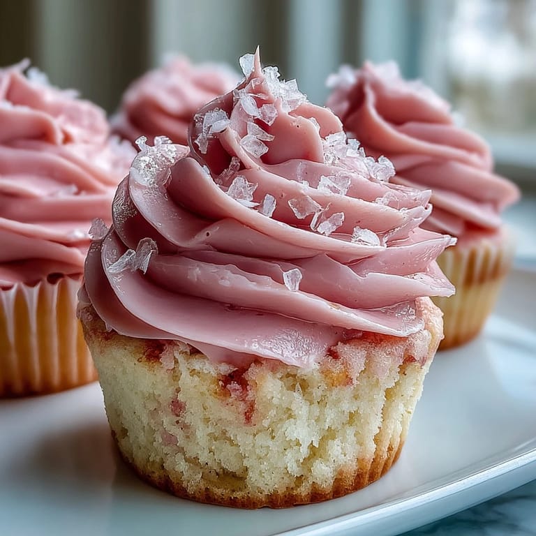 Moist Pink Velvet Cupcakes topped with fluffy swirls of Vanilla Buttercream Frosting on a white marble countertop.