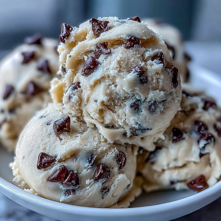 Freshly mixed Greek Yogurt Cookie Dough featuring mini chocolate chips in a ceramic bowl.
