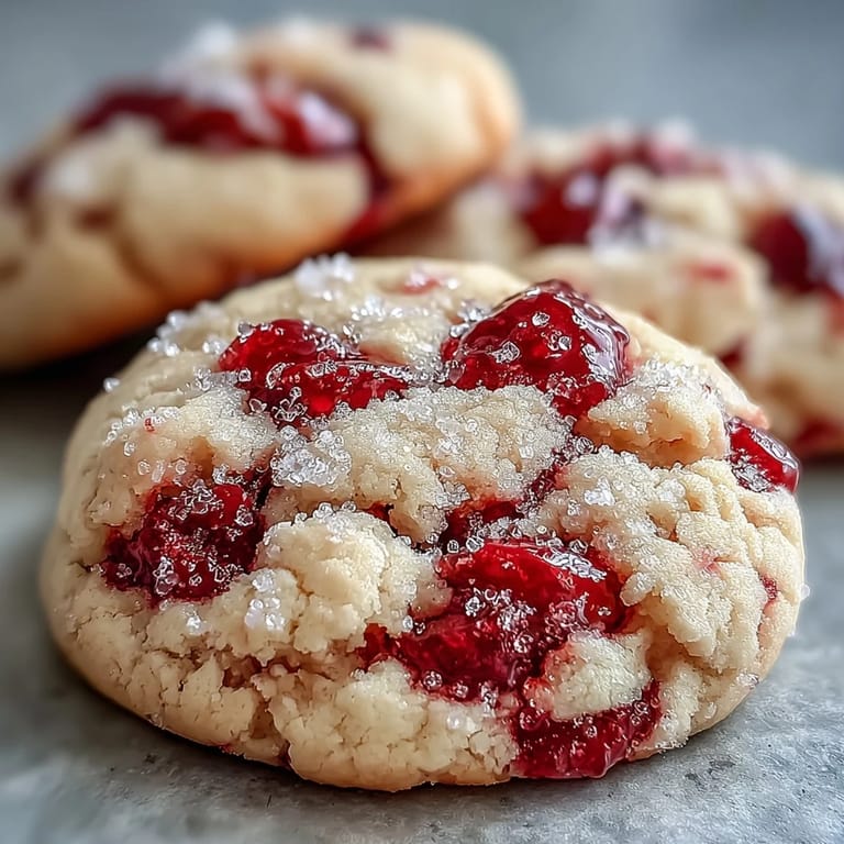 A close-up of Soft Chewy Raspberry Sugar Cookies showing juicy raspberry pieces in golden dough.