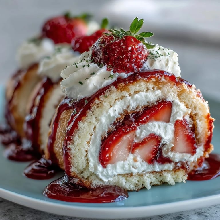 Hand holding a bite-sized Strawberry Shortcake Sushi Roll, revealing layers of fluffy sponge cake and juicy berries inside the delicate crepe.