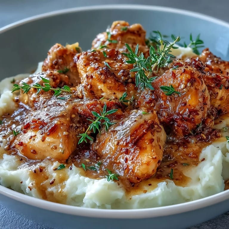 Golden brown Slow Cooker Honey Mustard Chicken emerging from the slow cooker, smothered in a rich, sweet and tangy honey mustard glaze with visible garlic specks.