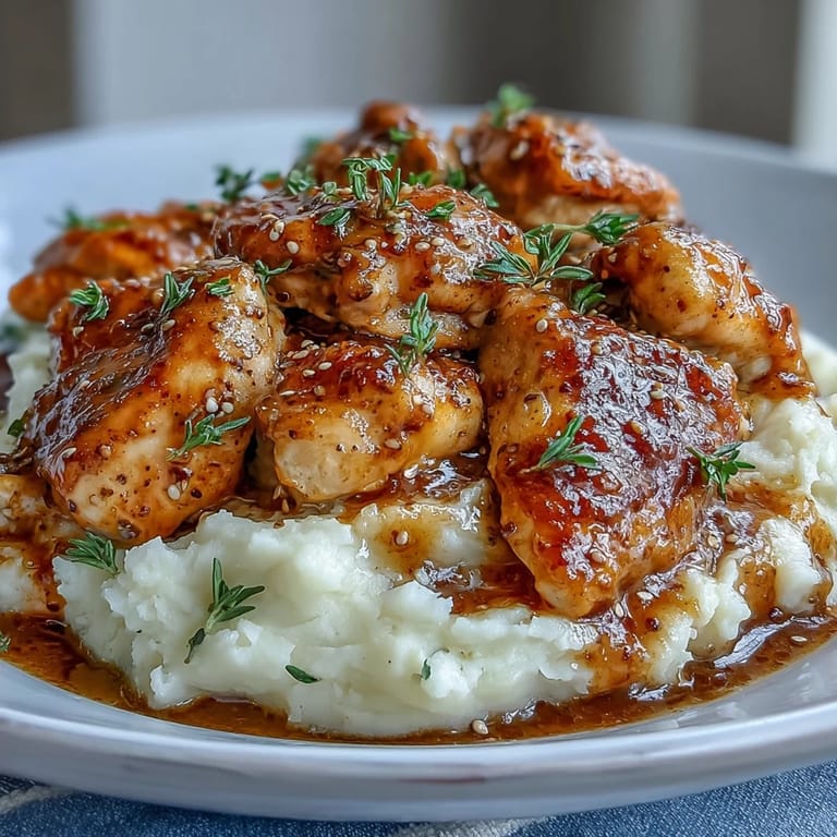 Easy gluten-free Slow Cooker Honey Mustard Chicken plated beside creamy mashed potatoes and roasted broccoli, generously drizzled with thickened, savory honey mustard pan sauce.