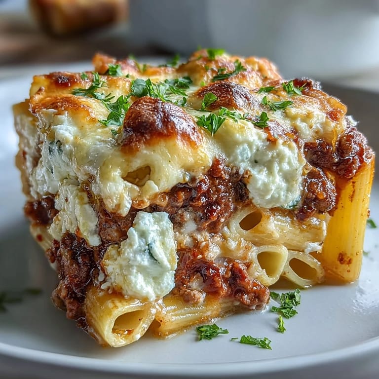 Rigatoni pasta coated in rich tomato-beef sauce and creamy cottage cheese for a high-protein Cottage Cheese Protein Pasta Bake.