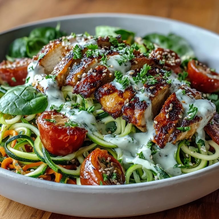 Spiralized vegetable bowl garnished with cilantro and sesame seeds, served with chicken and tahini dressing for a healthy dinner.