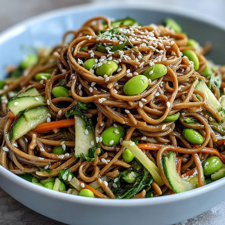 A fresh Soba Noodle Bowl with chewy buckwheat noodles and colorful vegetables, served for a light vegetarian lunch.