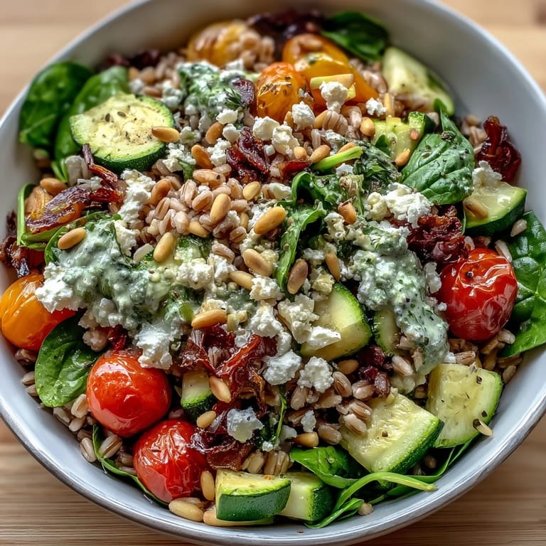 Warm Farro Pasta Bowl ready to eat, served with a fork and napkin on a rustic wooden table.