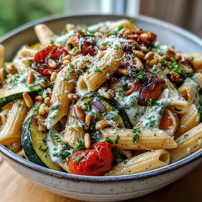 A hearty bowl of whole wheat pasta with roasted vegetables and creamy sauce, topped with Parmesan and pine nuts.