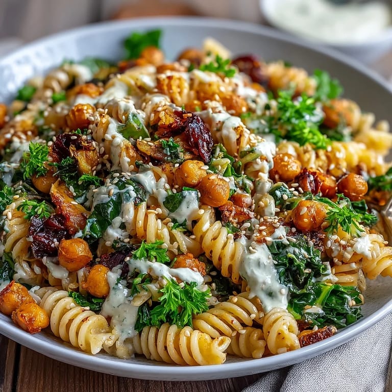 Close-up on a drizzle of tahini sauce over chickpea pasta and roasted cherry tomatoes, served in a ceramic bowl.