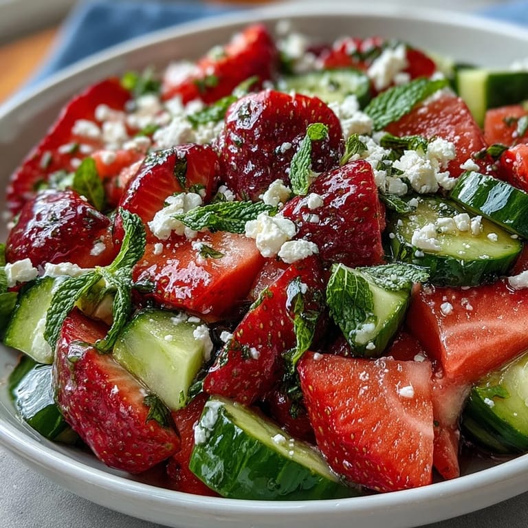 Crisp cucumber slices, juicy strawberries, and fragrant mint leaves tossed in a zesty lemon-honey dressing for a refreshing salad.