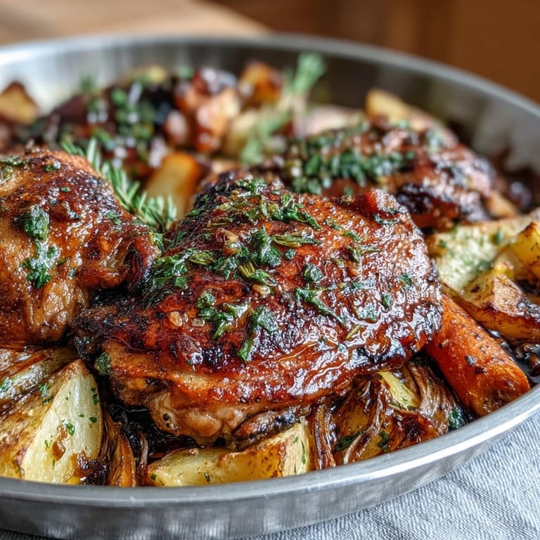 Herb-marinated chicken thighs and seasonal root vegetables, baked together for a hearty, one-pan dinner bursting with savory flavor.