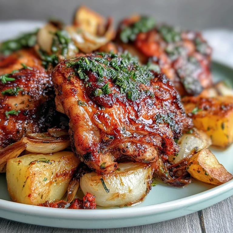 Roasted sheet pan chicken and root vegetables, featuring crispy skin and tender veggies, garnished with fresh parsley for a vibrant finish.