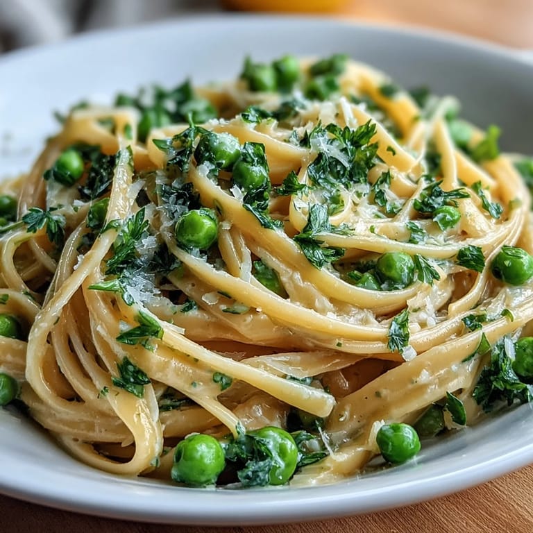 Fresh lemon butter pasta with green peas and Parmesan, garnished with parsley, served with a sprinkle of cracked black pepper.
