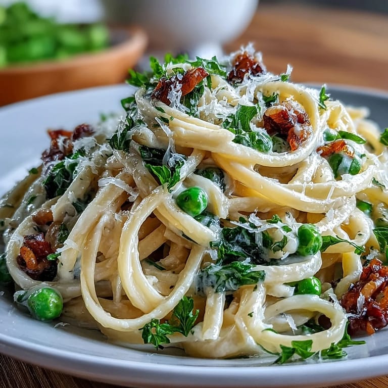 Creamy lemon butter pasta with Parmesan and peas, featuring silky sauce coating al dente spaghetti in a shallow bowl.