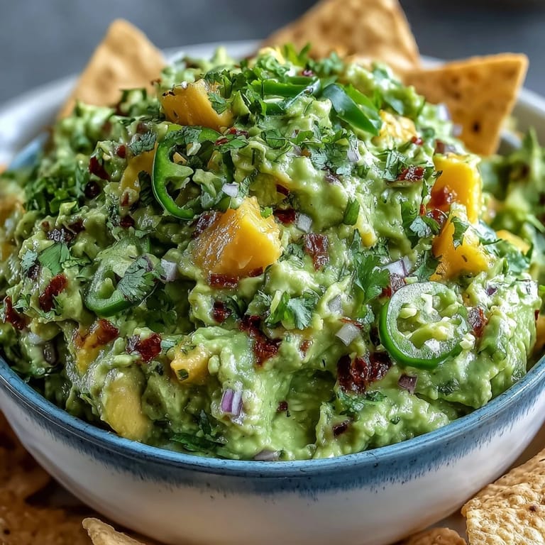 Creamy avocado dip with sweet mango chunks and spicy jalapeño, ideal for tortilla chips or taco night.  