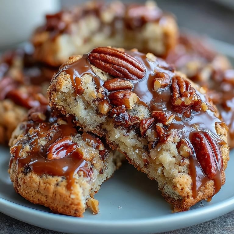 Classic butter pecan cookies drizzled with caramel, offering a sweet, nutty treat with a soft, chewy texture.