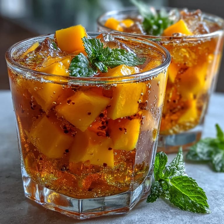 Juicy mango and peach slices mingle in a chilled glass of sparkling sangria, offering a refreshing, fruity drink for warm days.