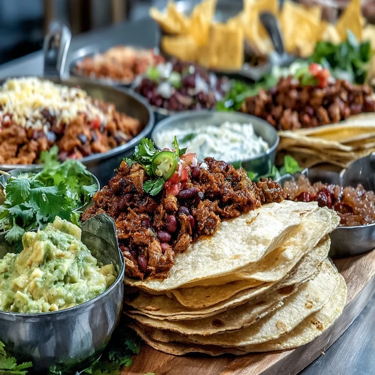 Build-your-own Cinco de Mayo taco bar featuring sizzling meats, vibrant toppings, and warm tortillas for festive gatherings.  
