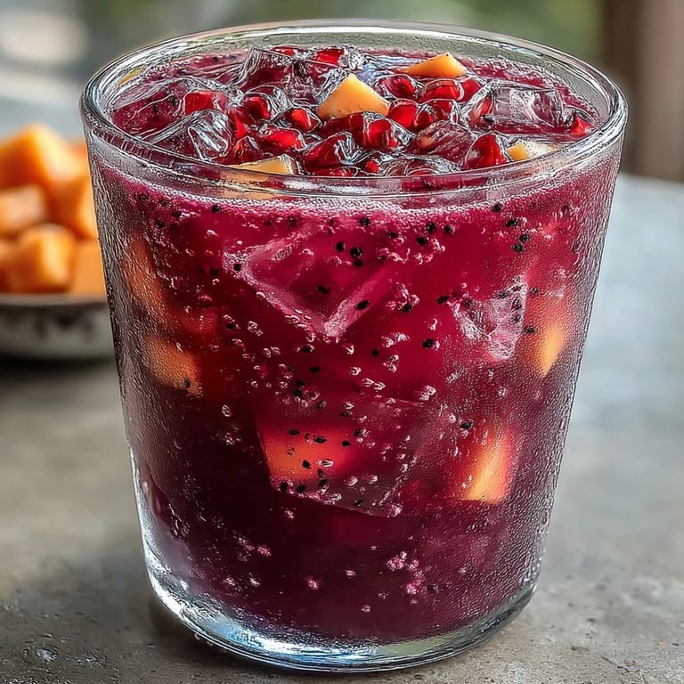 Bright and fruity mango dragonfruit refresher, blended with citrus and served over ice for a cooling treat.