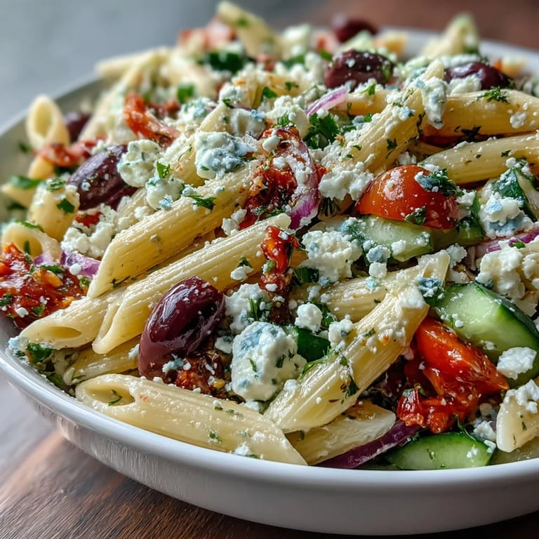 Mediterranean pasta salad with feta and Kalamata olives, featuring fresh cucumbers, bell peppers, and juicy cherry tomatoes.