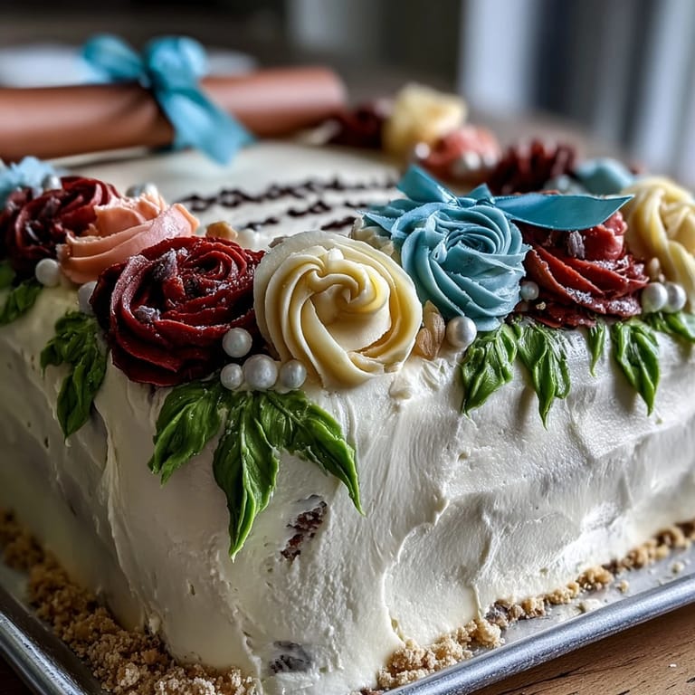 Elegant buttercream roses and fondant diploma adorn this celebratory sheet cake for graduation parties.  