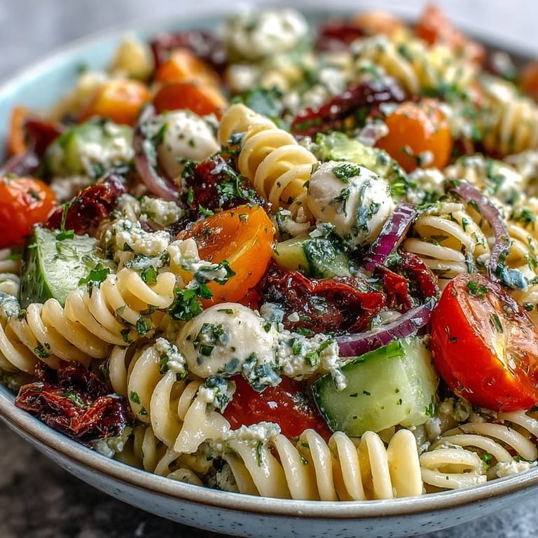 Refreshing pasta salad featuring cherry tomatoes, cucumbers, and Italian dressing, a perfect cold dish for warm weather gatherings.
