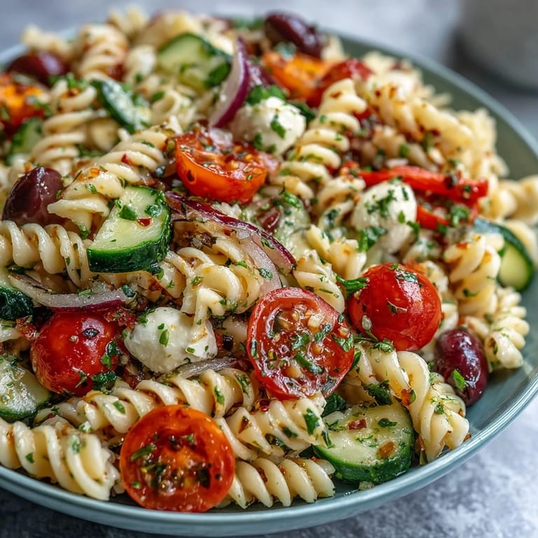 Easy pasta salad with crisp vegetables, mozzarella, and zesty Italian dressing, ready in minutes for a satisfying side.