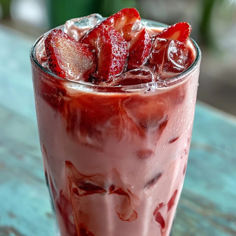 A creamy, pink-hued Pink Starburst Refresher with fresh strawberries, sweet vanilla syrup, and a splash of lemonade, served chilled.