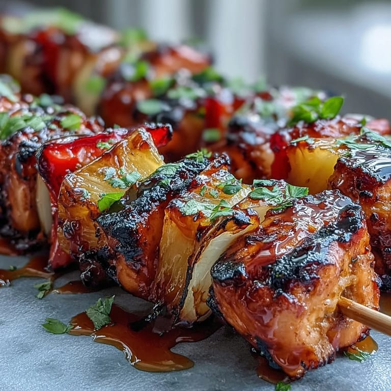 Tender chicken and caramelized pineapple grilled on skewers, offering a sweet and savory tropical flavor in every bite.  