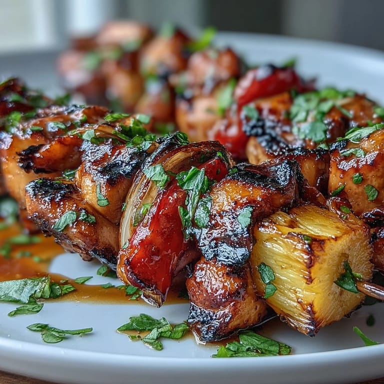 Colorful skewers featuring grilled chicken, pineapple, and bell peppers, delivering a vibrant and flavorful dish for outdoor dining.