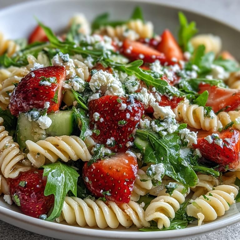 Vibrant spring pasta salad featuring sweet strawberries, creamy feta, and fresh arugula, perfect for picnics or light vegetarian lunches.