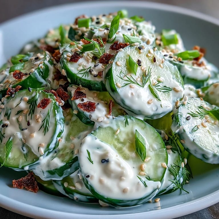 Creamy, tangy TikTok Cucumber Salad topped with delicious everything bagel seasoning crunch.