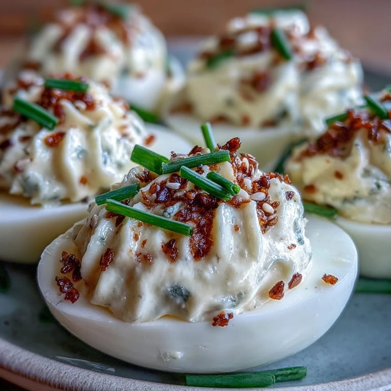 Creamy deviled eggs with everything bagel seasoning, a delicious appetizer for any gathering.